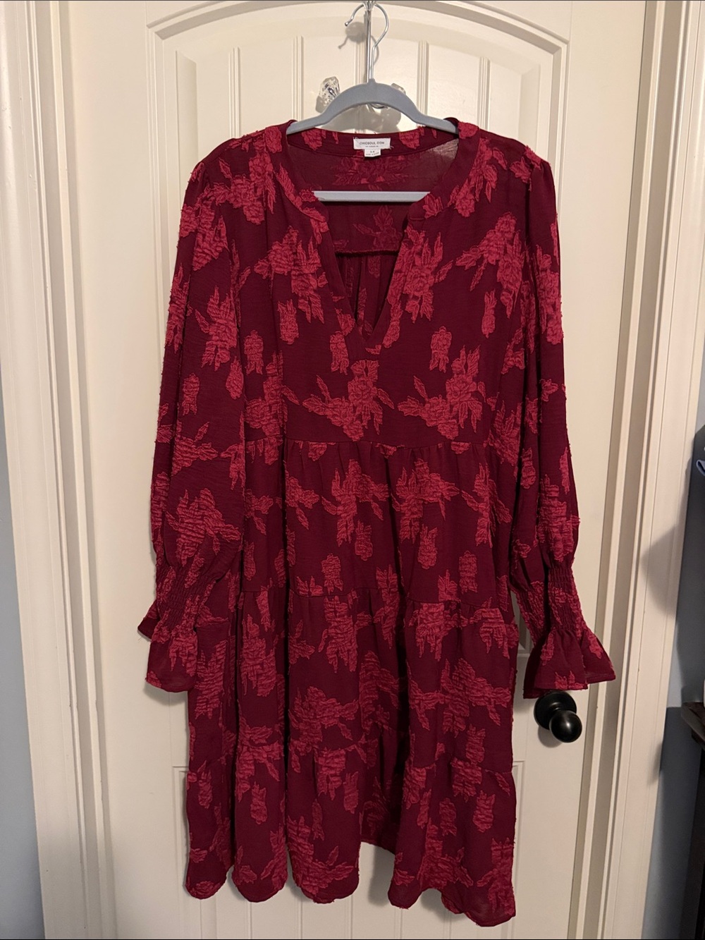 Chic Soul Burgundy Floral Tiered V-Neck Dress